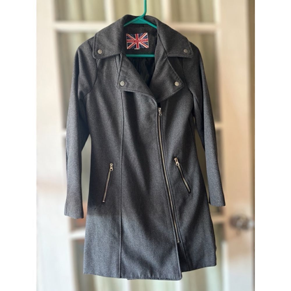 Miss London Womens Medium Charcoal Gray Asymmetric Zip Urban Mod Wool Blend Coat - Picture 11 of 15